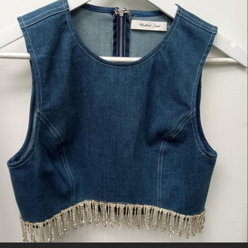 Blue Denim Crop Top with Beaded Fringe